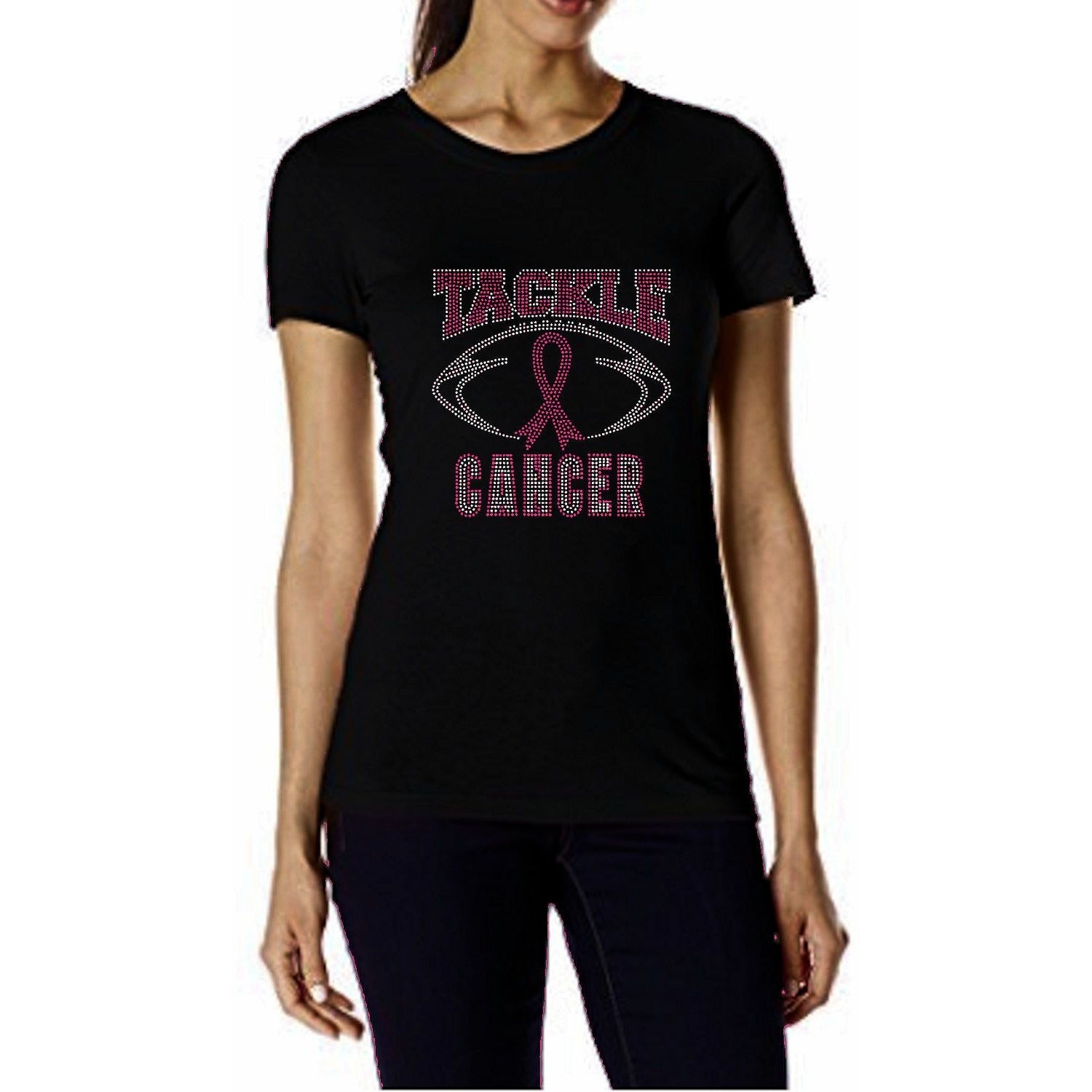 Tackle Cancer Rhinestone Football T Shirt S / Black / Short