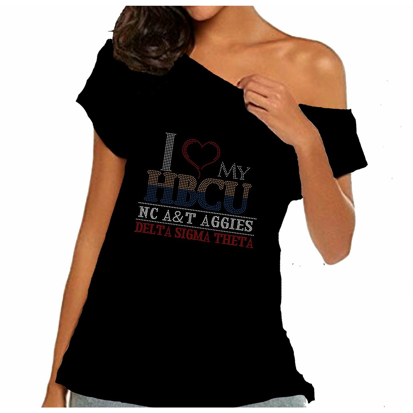 I Love My HBCU Rhinestone Off Shoulder Tee