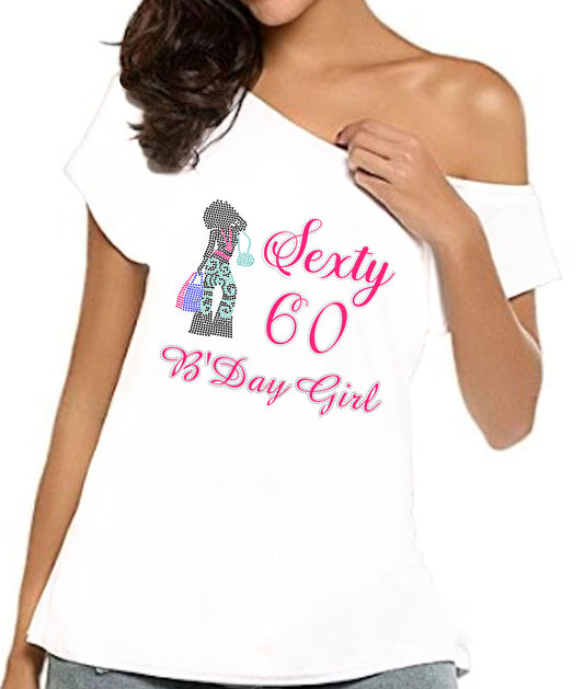 Sexty 60 Rhinestone B'Day Girl Off Shoulder Tee