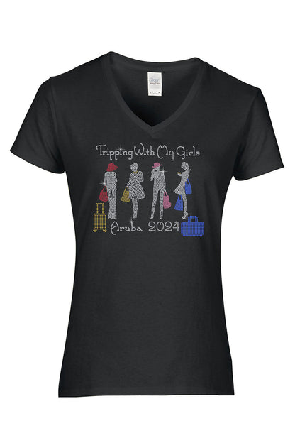 Tripping With My Girls Personalized Rhinestone Tee