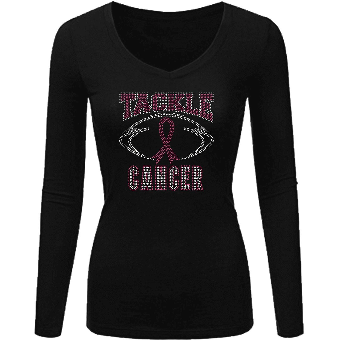 Tackle Cancer Rhinestone Football T Shirt S / Black / Short